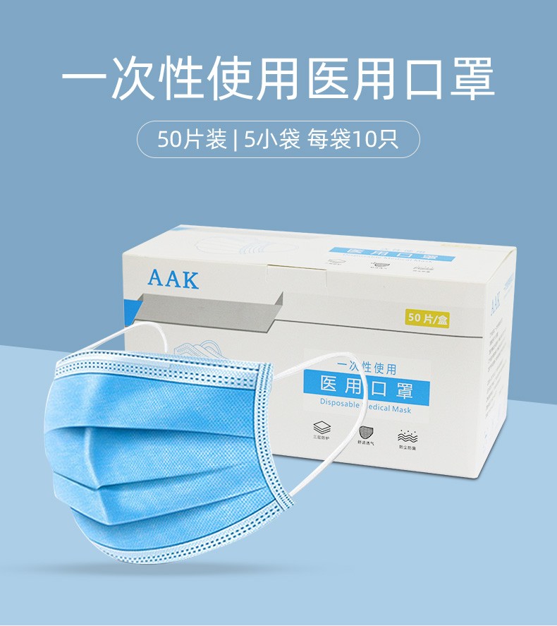 aak 一次性口罩三層設計防護藍色無紡布熔噴布透氣通用